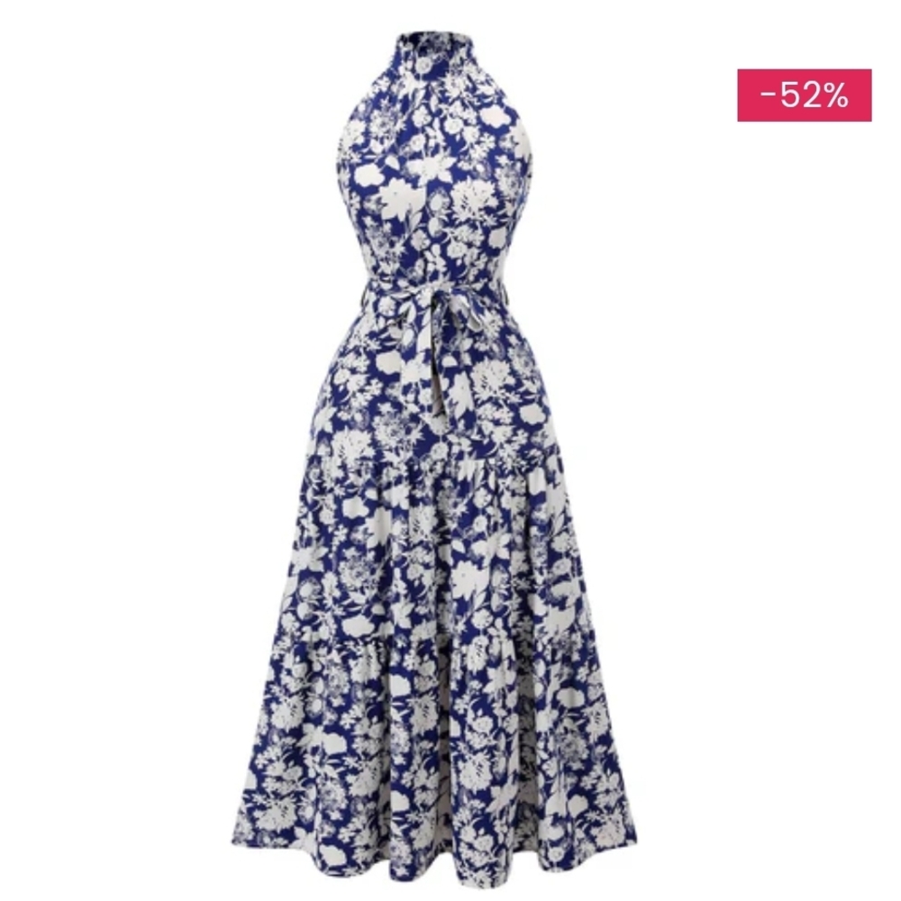 Chic Floral Halter Maxi Dress in Blue and White